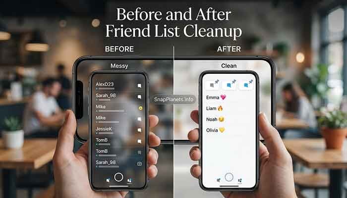 A comparison showing a Snapchat friend list before and after organizing it